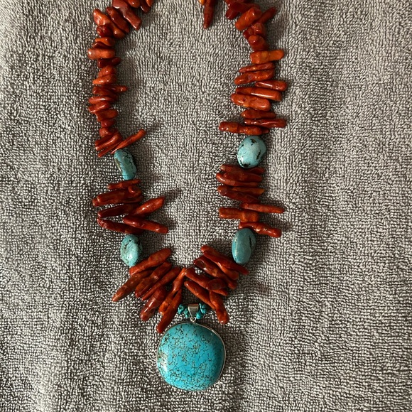 Turquoise and Coral Beaded Necklace - Picture 2 of 3
